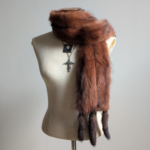 Vintage Red Mink Fur Stole Glam Mobwife Shrug Luxury Scarf Shawl Furry Collar - Picture 2 of 10